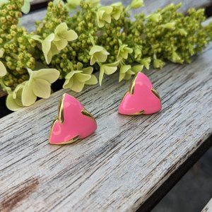 Vintage 80s Gold & Pink Enamel Triskelion Triangle Earrings